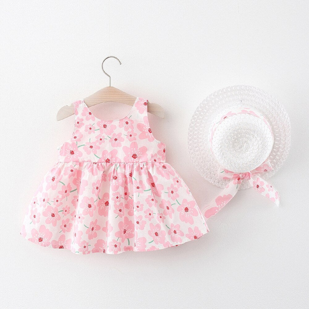 Baby Girl Floral Bow Sling Dress with Hat childrensterritory