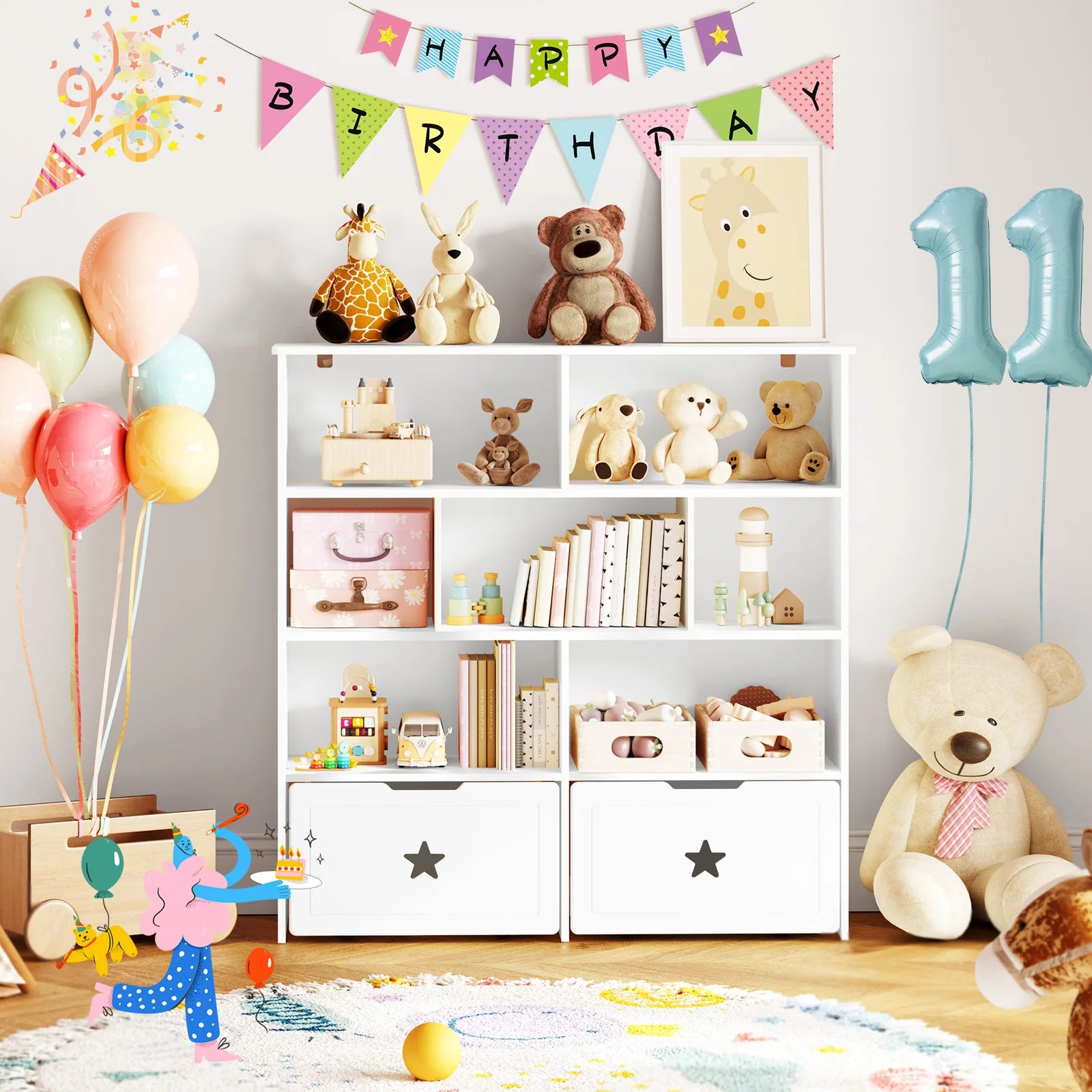 Kids Toy/Book Shelf with 7 Cubbies & 2 Rolling Drawers