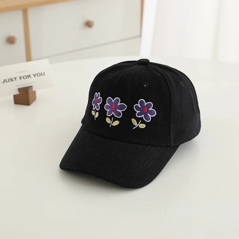 Little Girls Flowers Embroidery Adjustable Sports Caps