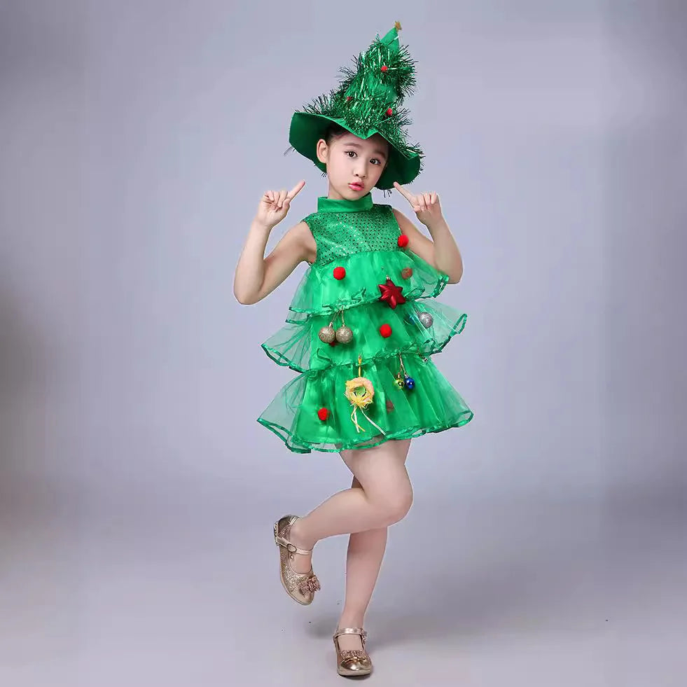 Kids Girls Xmas Cosplay Green Party Dress
