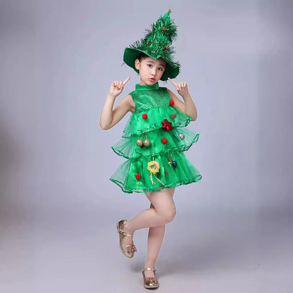 Kids Girls Xmas Cosplay Green Party Dress