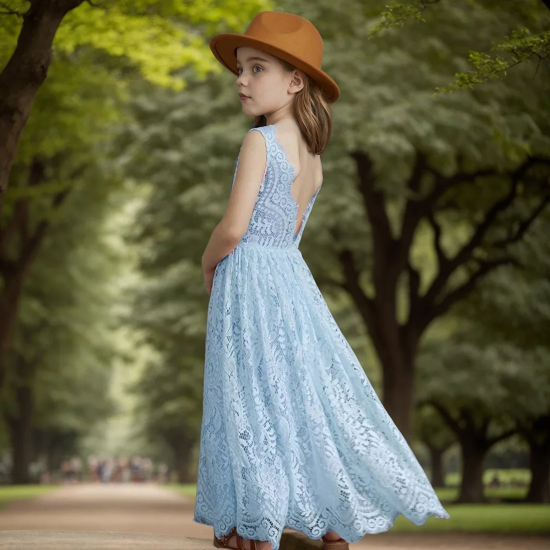 Solid Lace Design Long Wedding Flower Girl Cotton Dresses