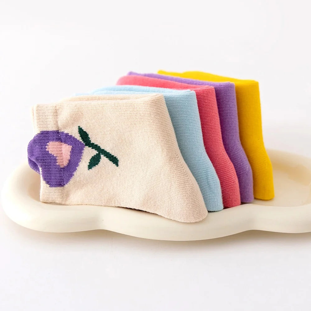 Cute Flower Cartoon Pattern 5 Pairs of Socks For Girls