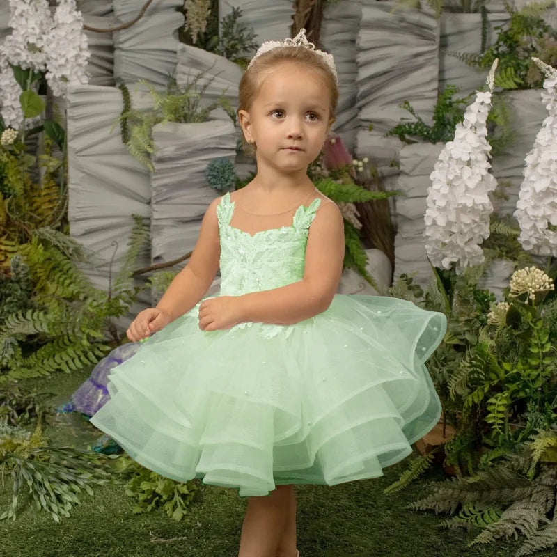 Glitter Decoration Sheer Neck Design Ivory Puffy Little Girls Dresses