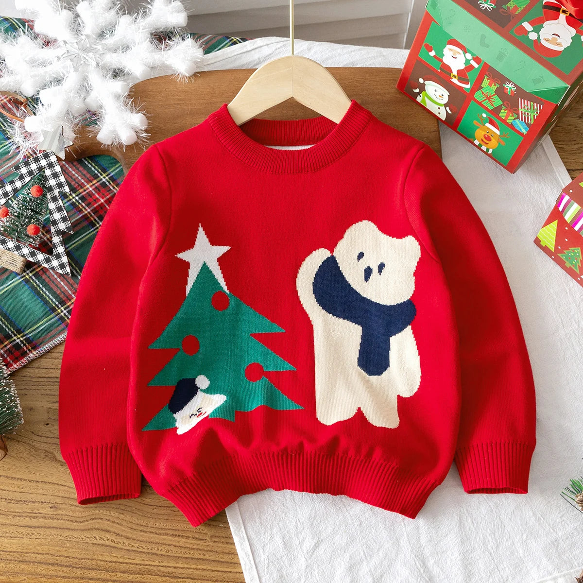 Kids Round Neck Christmas Tree Design Winter Sweater