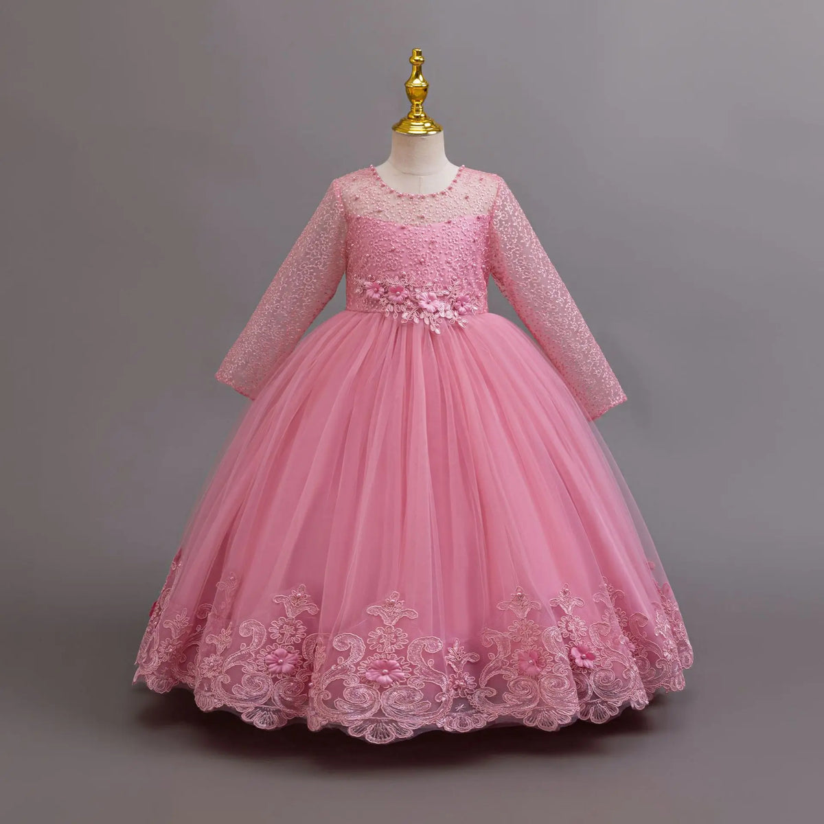 Long Sleeve Flower Design Elegant Dress For Girls childrensterritory