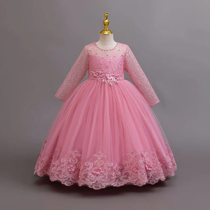 Long Sleeve Flower Design Elegant Dress For Girls childrensterritory