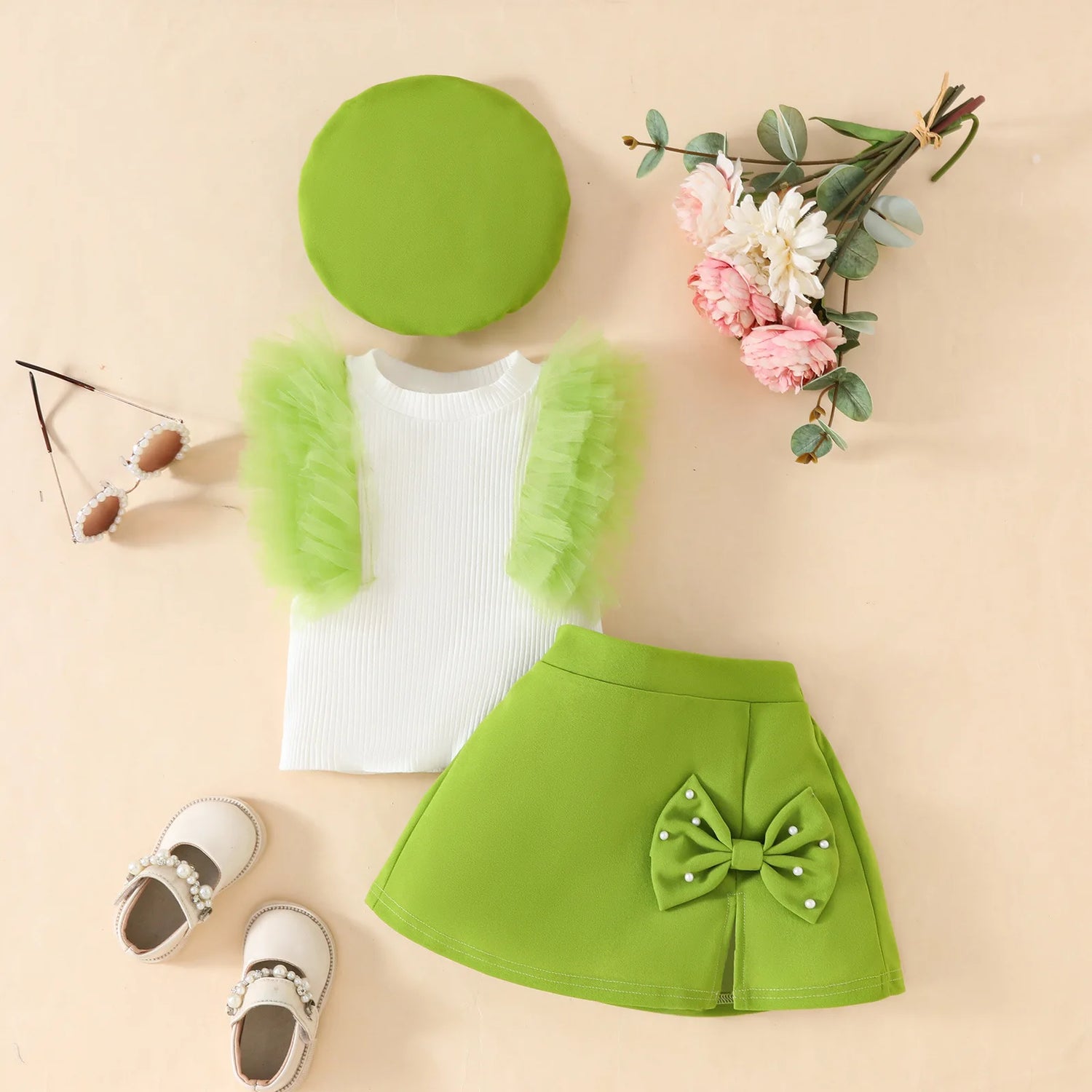 Baby Girls 3Pcs Cute Top+Bow Skirt+Beret Summer Outfit childrensterritory