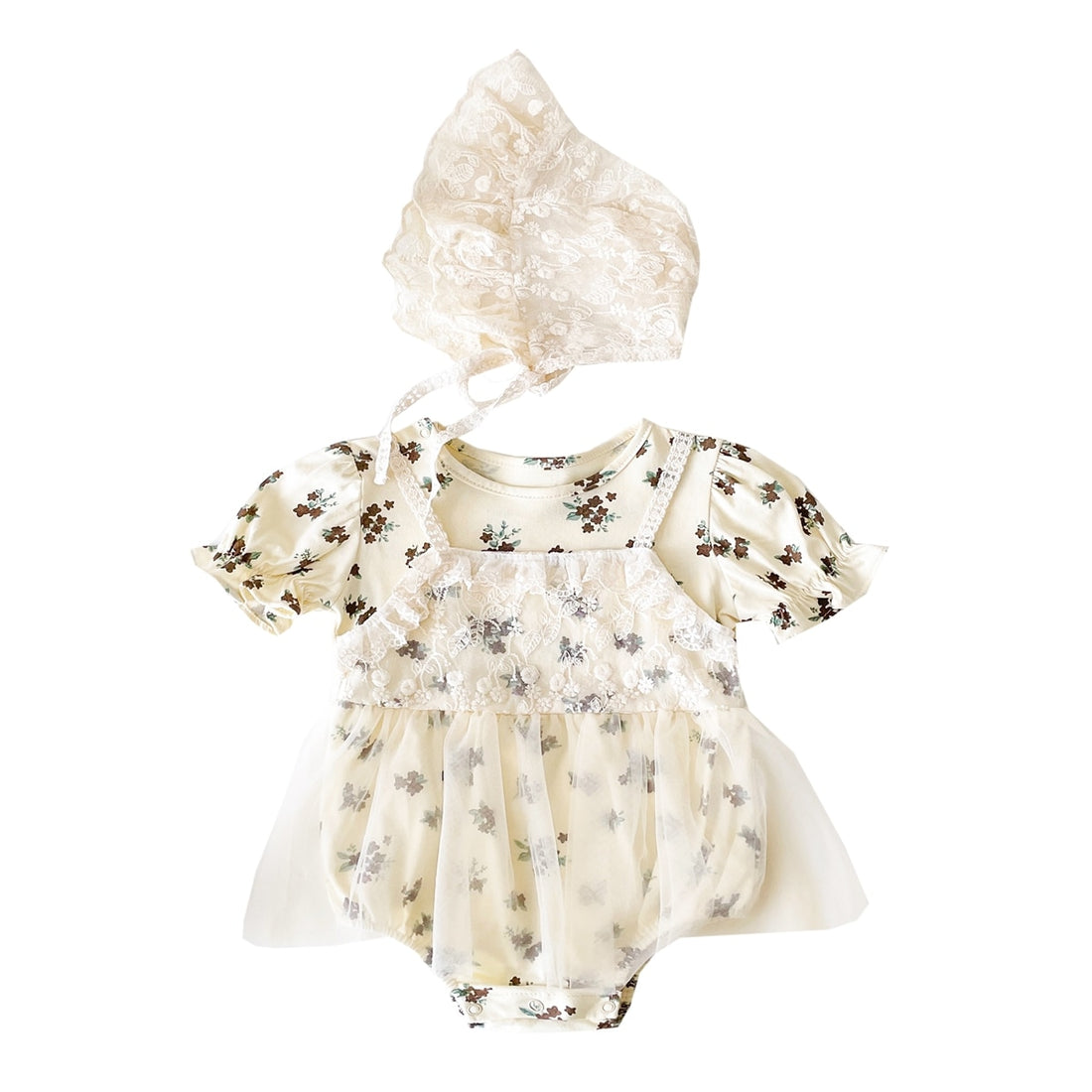 Short Sleeve Floral Lace Baby Girl Cotton Bodysuit with Hat childrensterritory