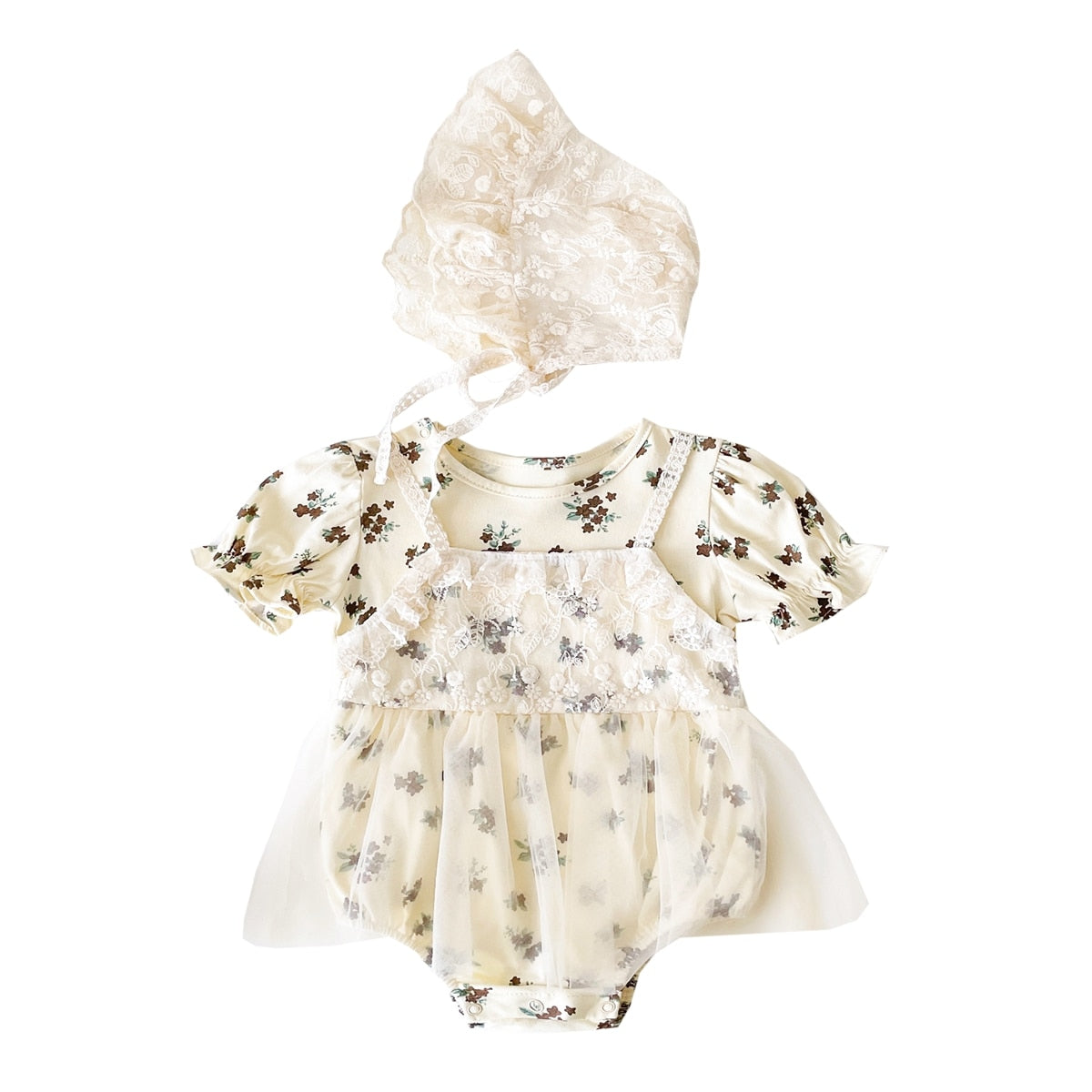 Short Sleeve Floral Lace Baby Girl Cotton Bodysuit with Hat childrensterritory