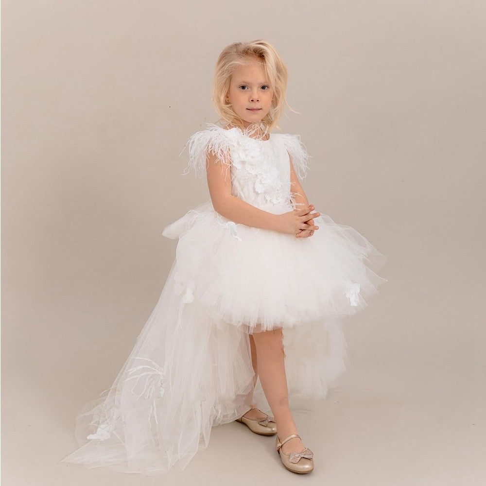 Girls Tulle Lace Trailling Wedding Party Gown with Feather Sleeve childrensterritory