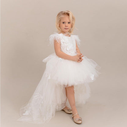 Girls Tulle Lace Trailling Wedding Party Gown with Feather Sleeve childrensterritory