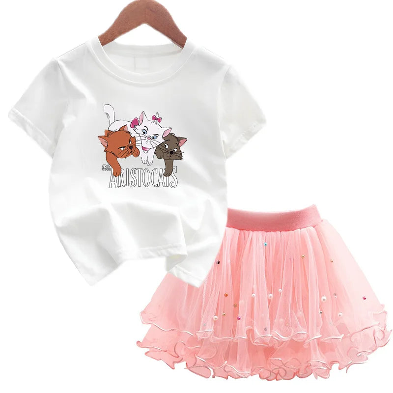 Kids Girls Marie Cat Design Summer T-shirt &amp; Tutu Skirt Set childrensterritory