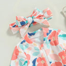 Floral Print Zipper Long Sleeve Baby Girls Swimsuit & Headband