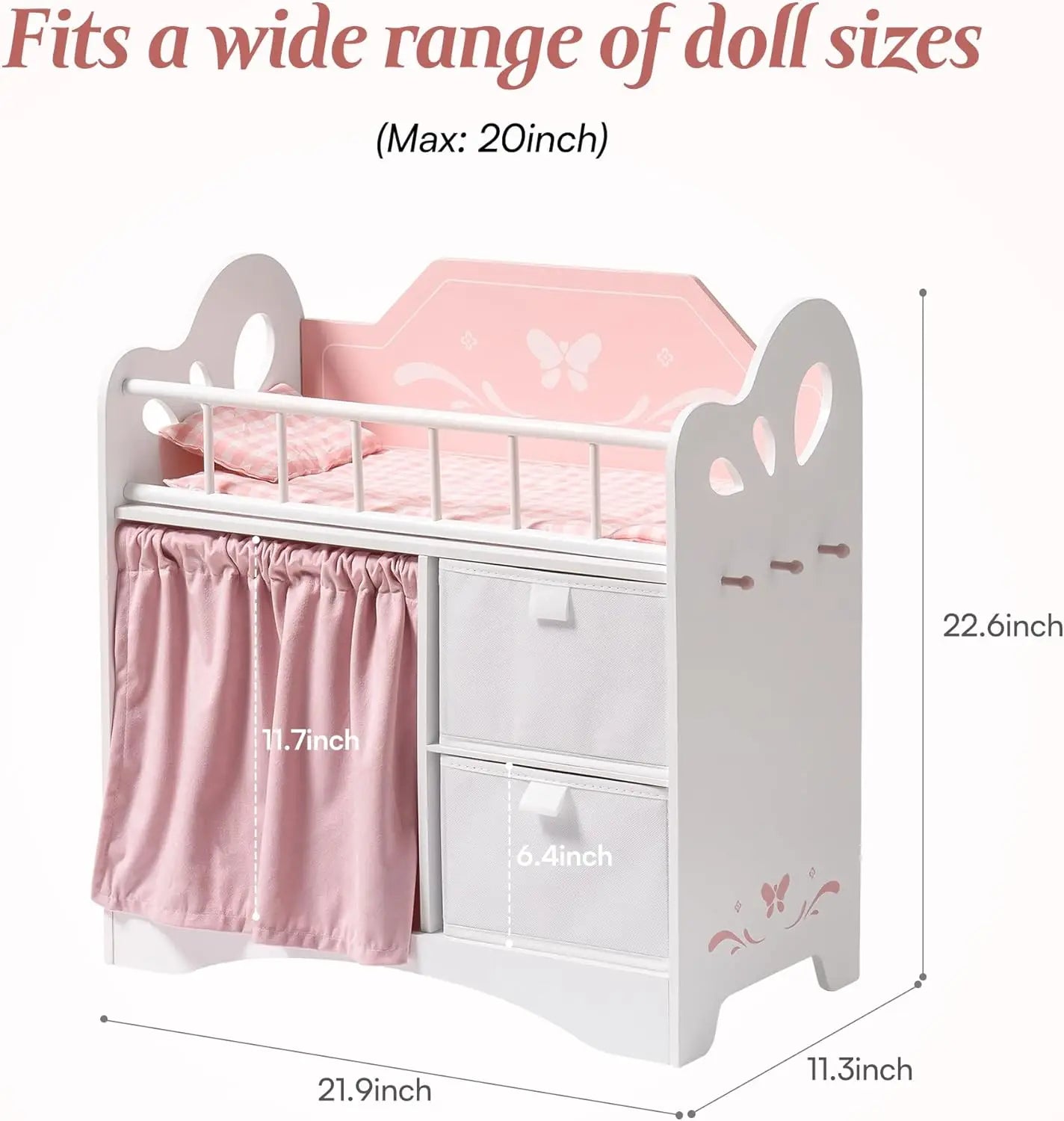 Kids Girls Wooden Pink Doll Bed with Storage and Hooks childrensterritory
