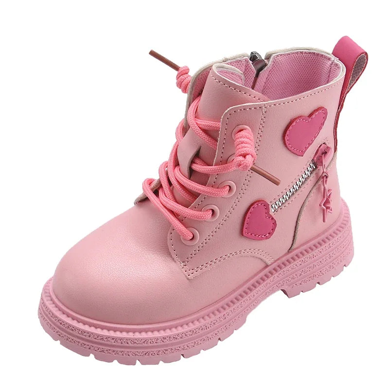 Heart Design Kids Girls British PU Ankle Boots