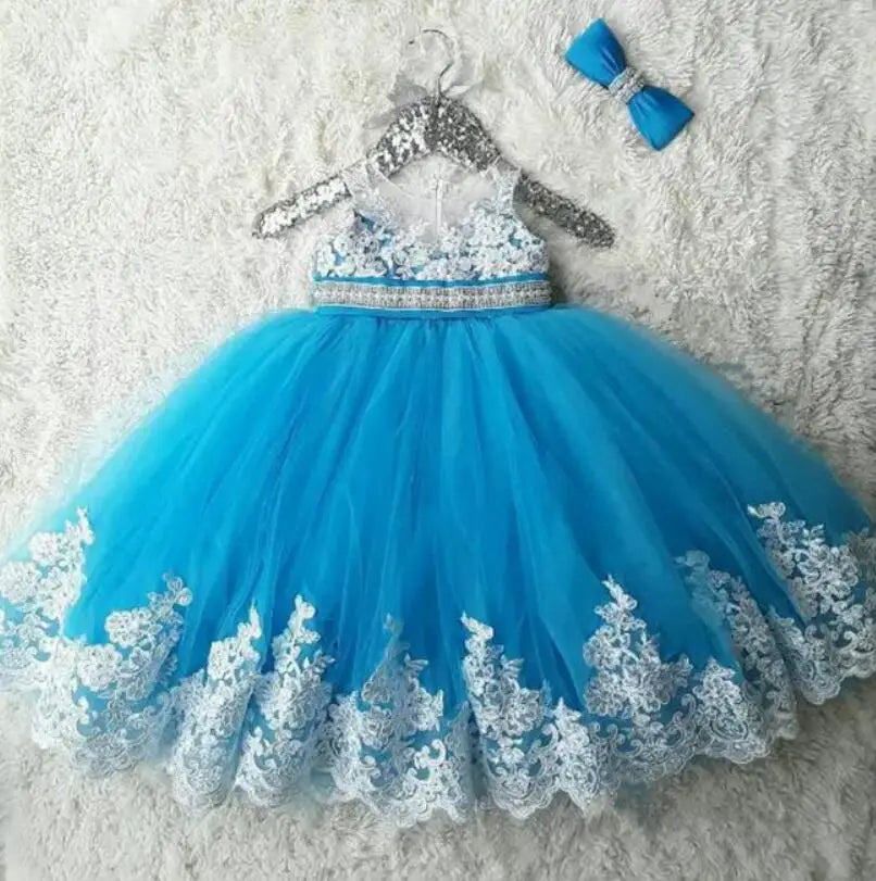 White Lace Design with Crystals Belt Birthday Party Gown for Girls childrensterritory