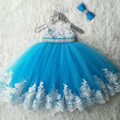 White Lace Design with Crystals Belt Birthday Party Gown for Girls childrensterritory