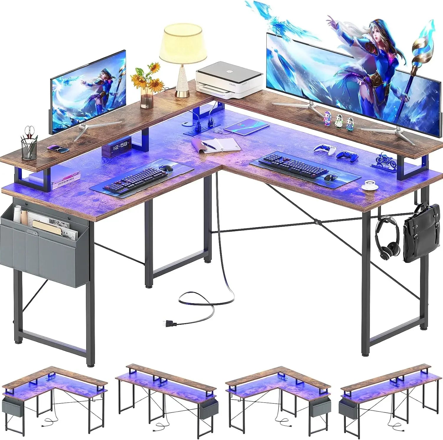 Corner Gaming Desk With LED Lights and Storage Shelves childrensterritory