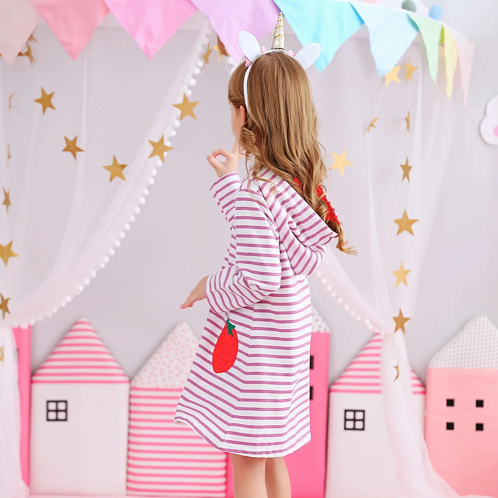 Kids Girls Strawberry Applique Hooded Dress childrensterritory