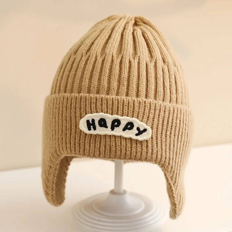 Happy Letter Print Baby Knit Beanies with Earflap childrensterritory