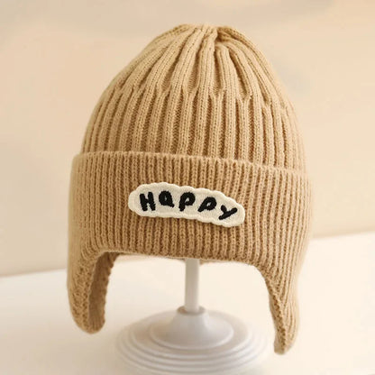 Happy Letter Print Baby Knit Beanies with Earflap childrensterritory