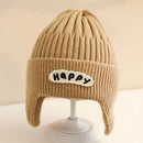 Happy Letter Print Baby Knit Beanies with Earflap childrensterritory
