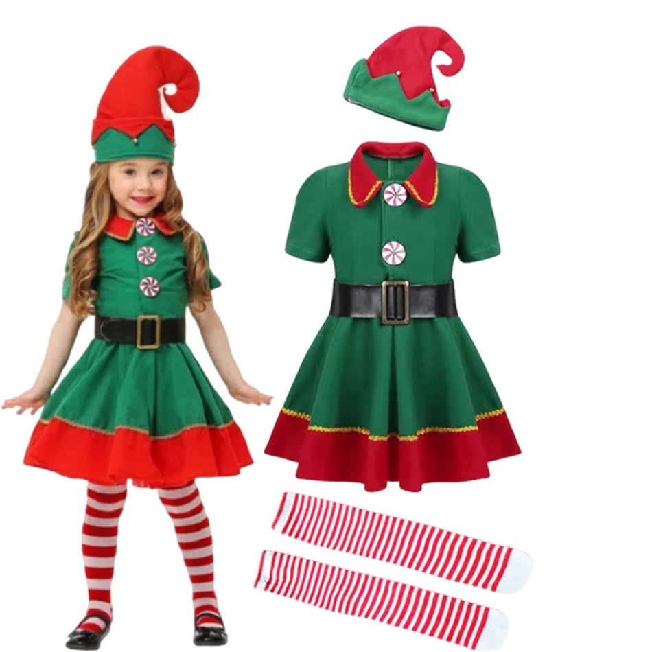 Kids Green Elf Santa Costume for Carnival Party