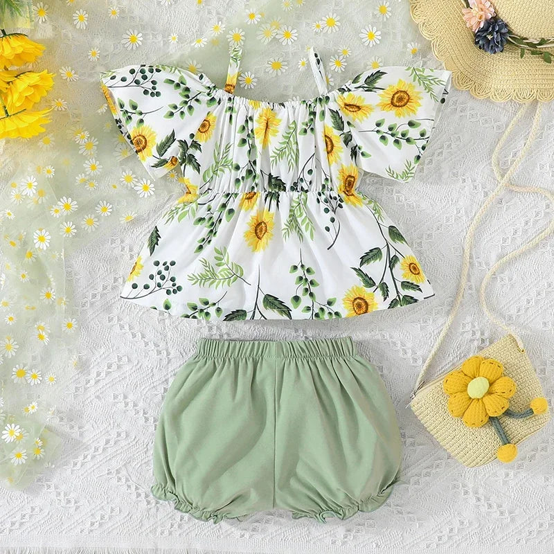 Baby Girls Floral Suspenders Tops and Shorts 2Pcs Outfit Set childrensterritory
