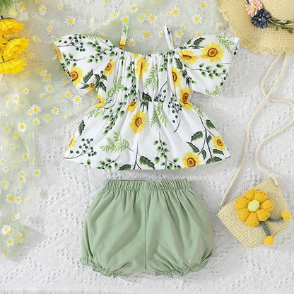 Baby Girls Floral Suspenders Tops and Shorts 2Pcs Outfit Set childrensterritory