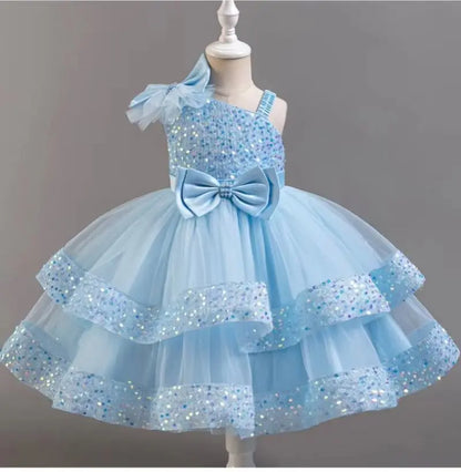 Kids Girls Sequins and Bow Design Birthday Party Flower Dresses
