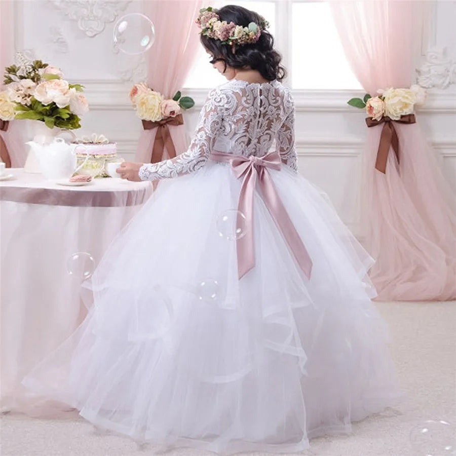 Kids Girls Lace Applique Wedding Party Gown with Long Sleeves childrensterritory
