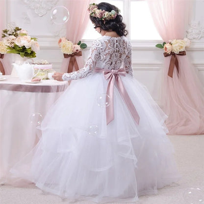 Kids Girls Lace Applique Wedding Party Gown with Long Sleeves childrensterritory