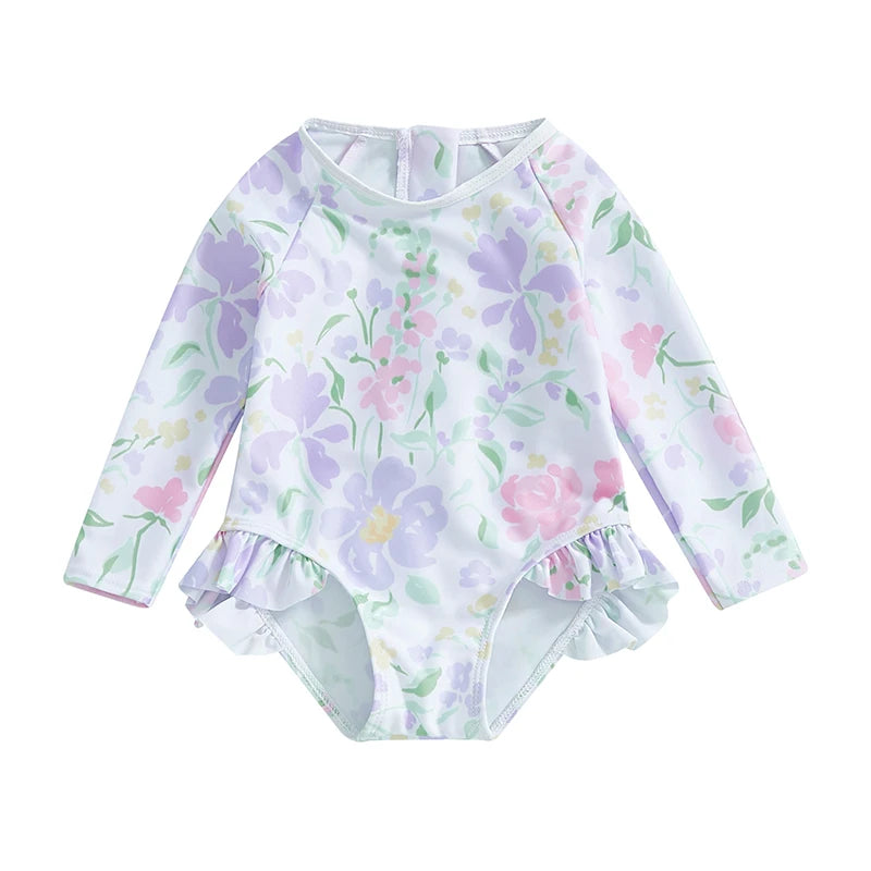 Floral Print Baby Girl Backless Long Sleeve Swimwear childrensterritory