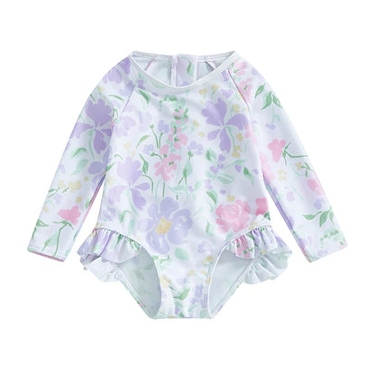 Floral Print Baby Girl Backless Long Sleeve Swimwear childrensterritory