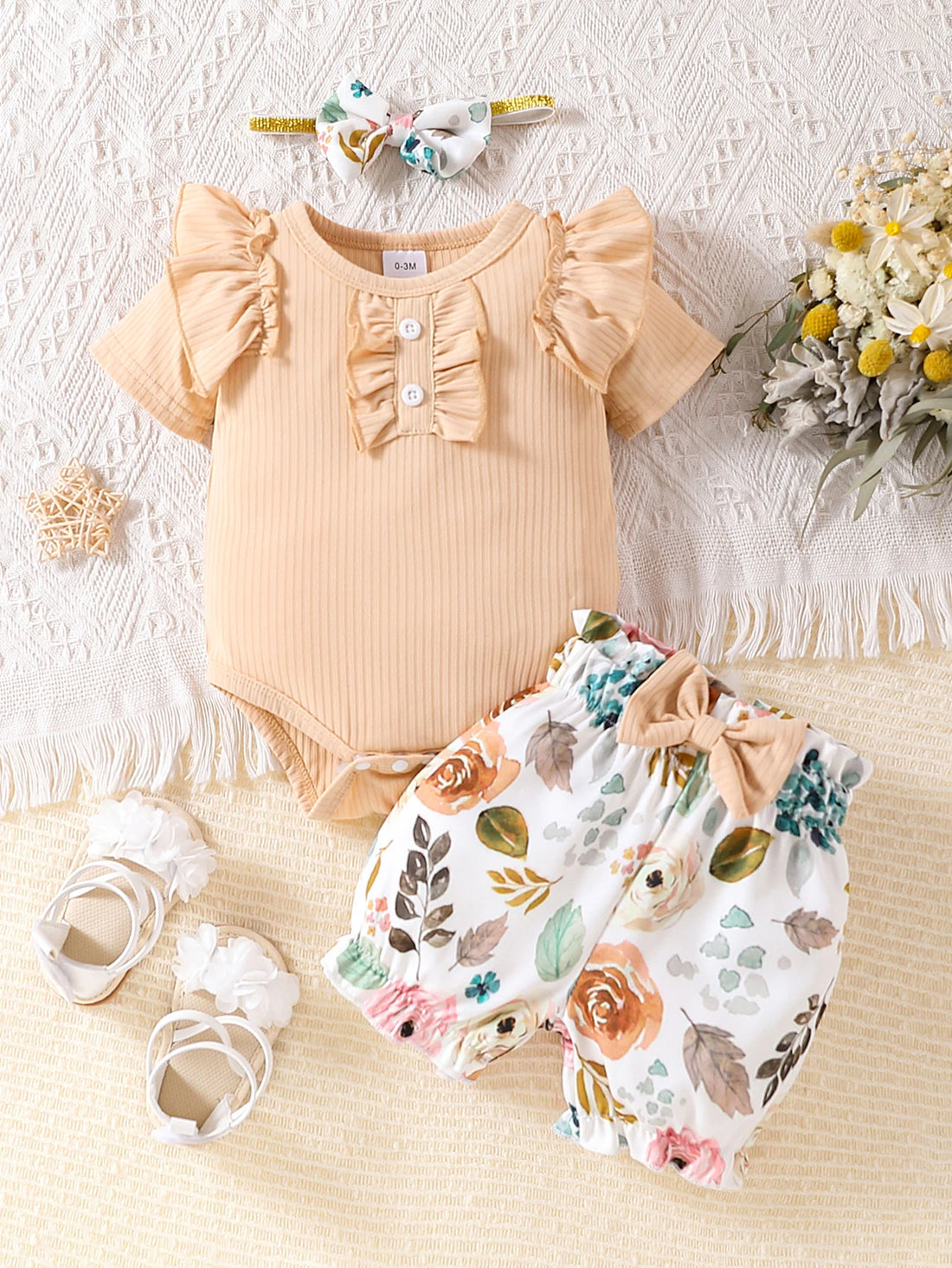 Baby Girl Bodysuit with Floral Shorts and Headband 3-Piece Outfit childrensterritory