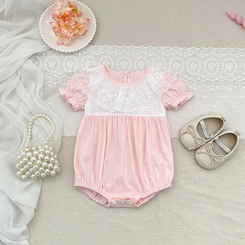 Baby Girl Lace Embroidered Pink Summer Romper