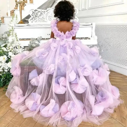 Backless Floral Long Train Girls Birthday Party Dresses childrensterritory
