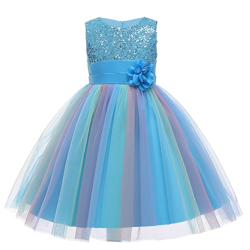 Girls Sleeveless Sequins Flower Rainbow Design Summer Dresses childrensterritory