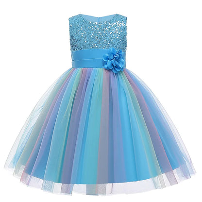 Girls Sleeveless Sequins Flower Rainbow Design Summer Dresses childrensterritory