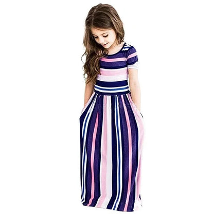 Striped Print Design Casual Summer Long Dress For Baby Girls childrensterritory