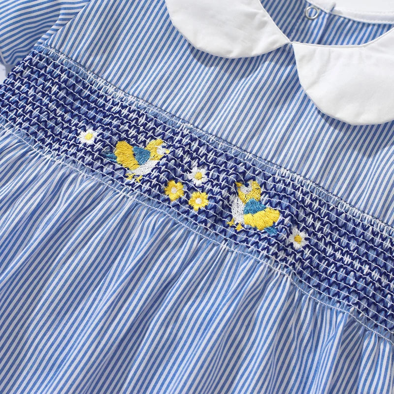 Girls Collar Design Birds Flowers Print Casual Summer Dresses childrensterritory