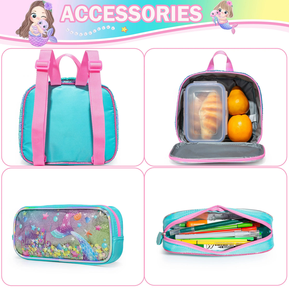 Kids Girls Full Size School Backpack with lunch box childrensterritory