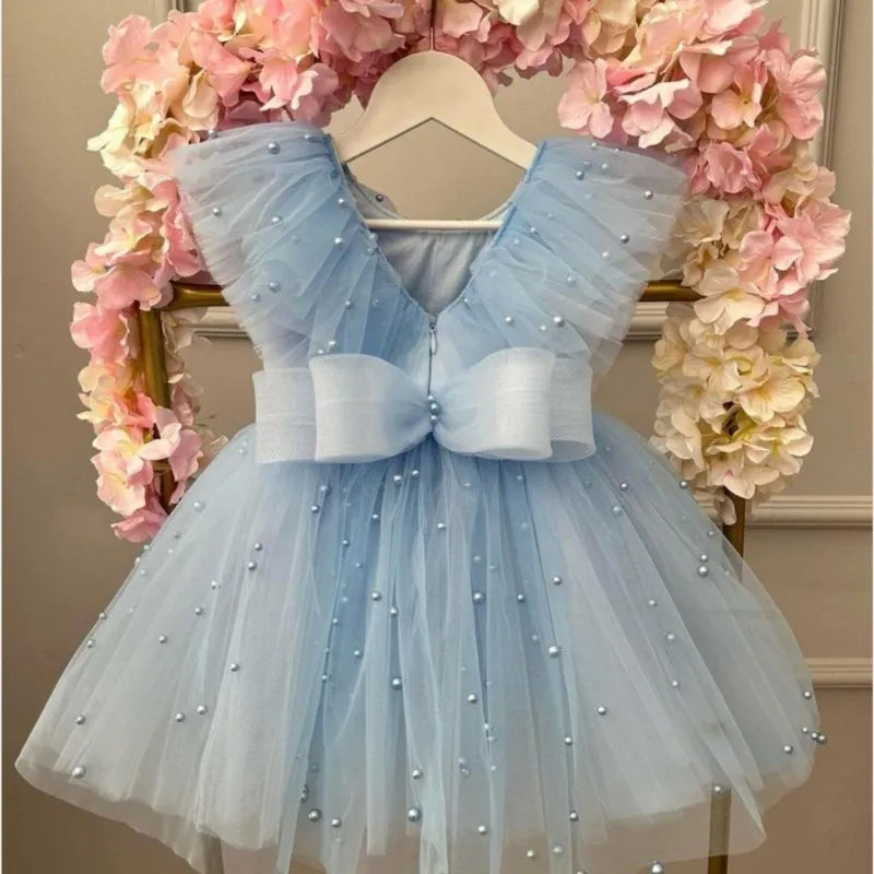Pearls Design Cute Tulle Gown with Big Bow for Infant Girls