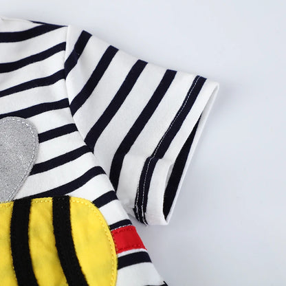 Girls Striped Bees Cartoon Print Casual Summer Dresses childrensterritory