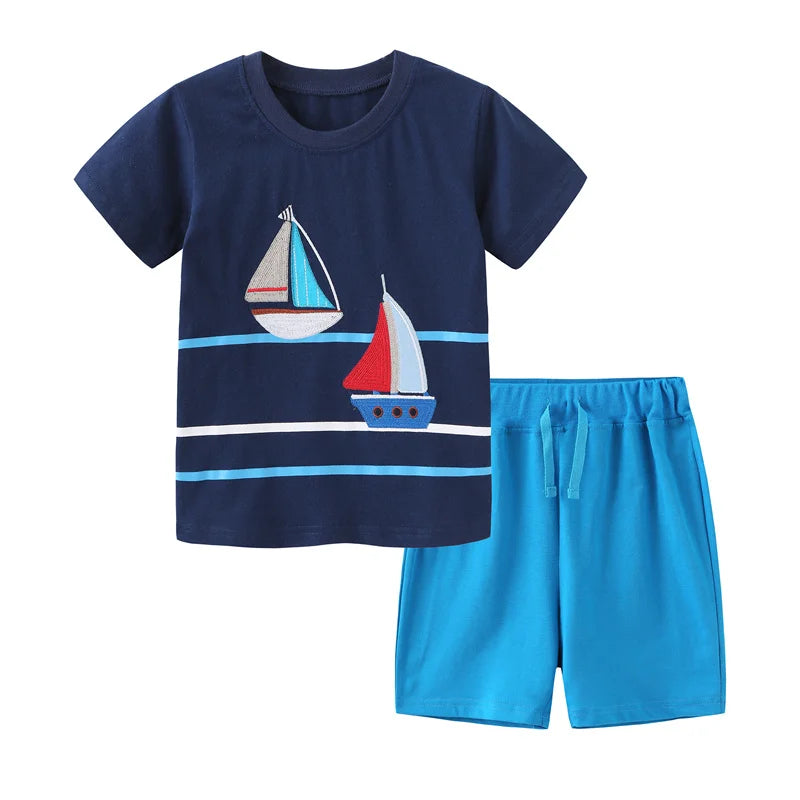 Kids Boat Embroidery Cotton Tees + Shorts Sets for Summer childrensterritory