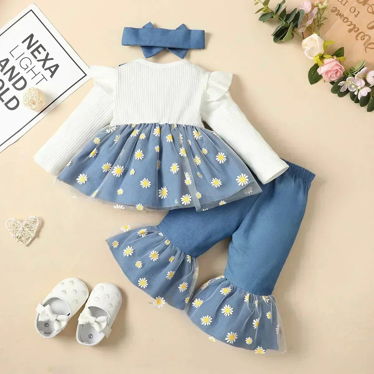 3Pcs Newborn Girl Bodysuit, Bow, Floral Pants Clothing Set