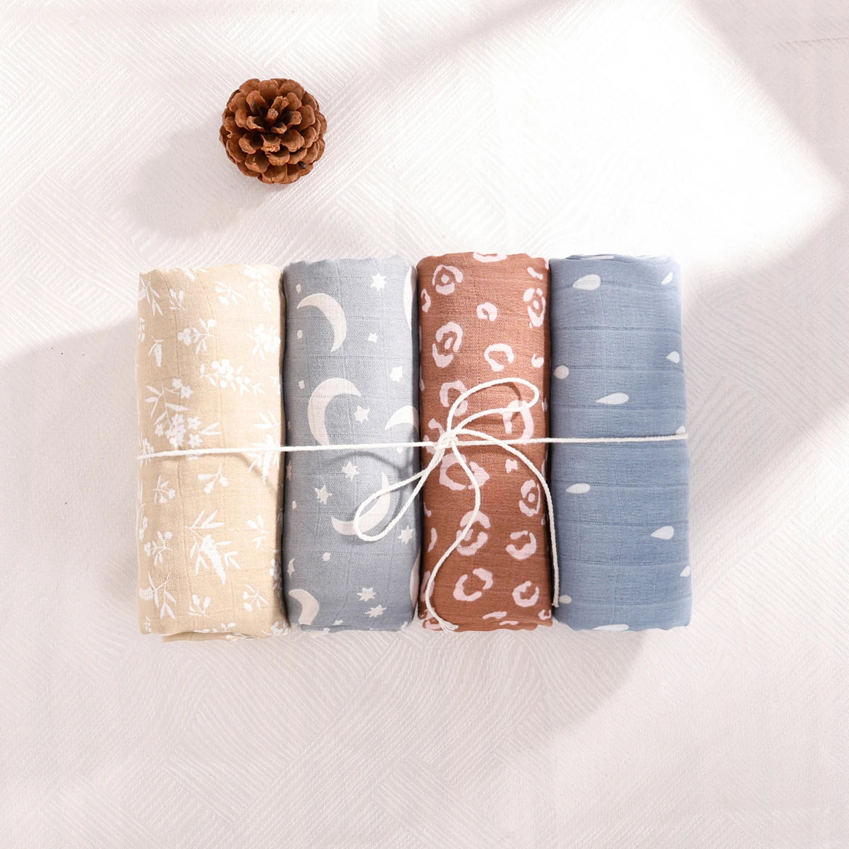 Print Bamboo Cotton Muslin Baby Swaddle, 4PCS Gift Set