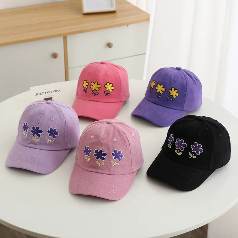 Little Girls Flowers Embroidery Adjustable Sports Caps