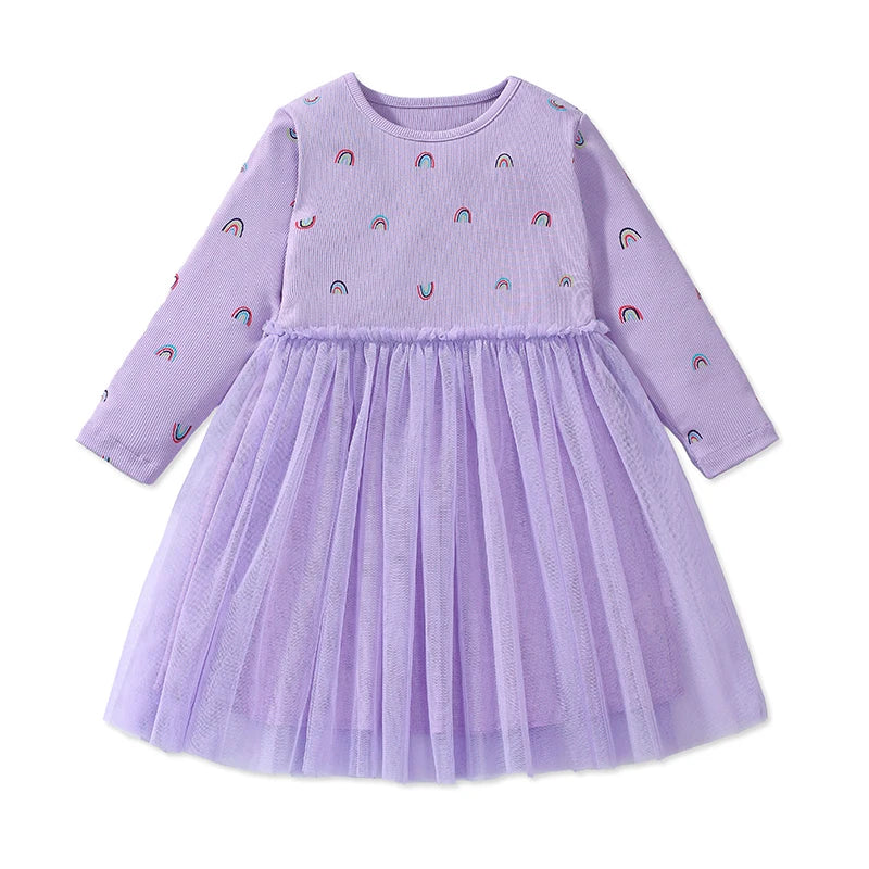 Little Girls Long Sleeves Floral and Rainbow Design Fall Dresses childrensterritory